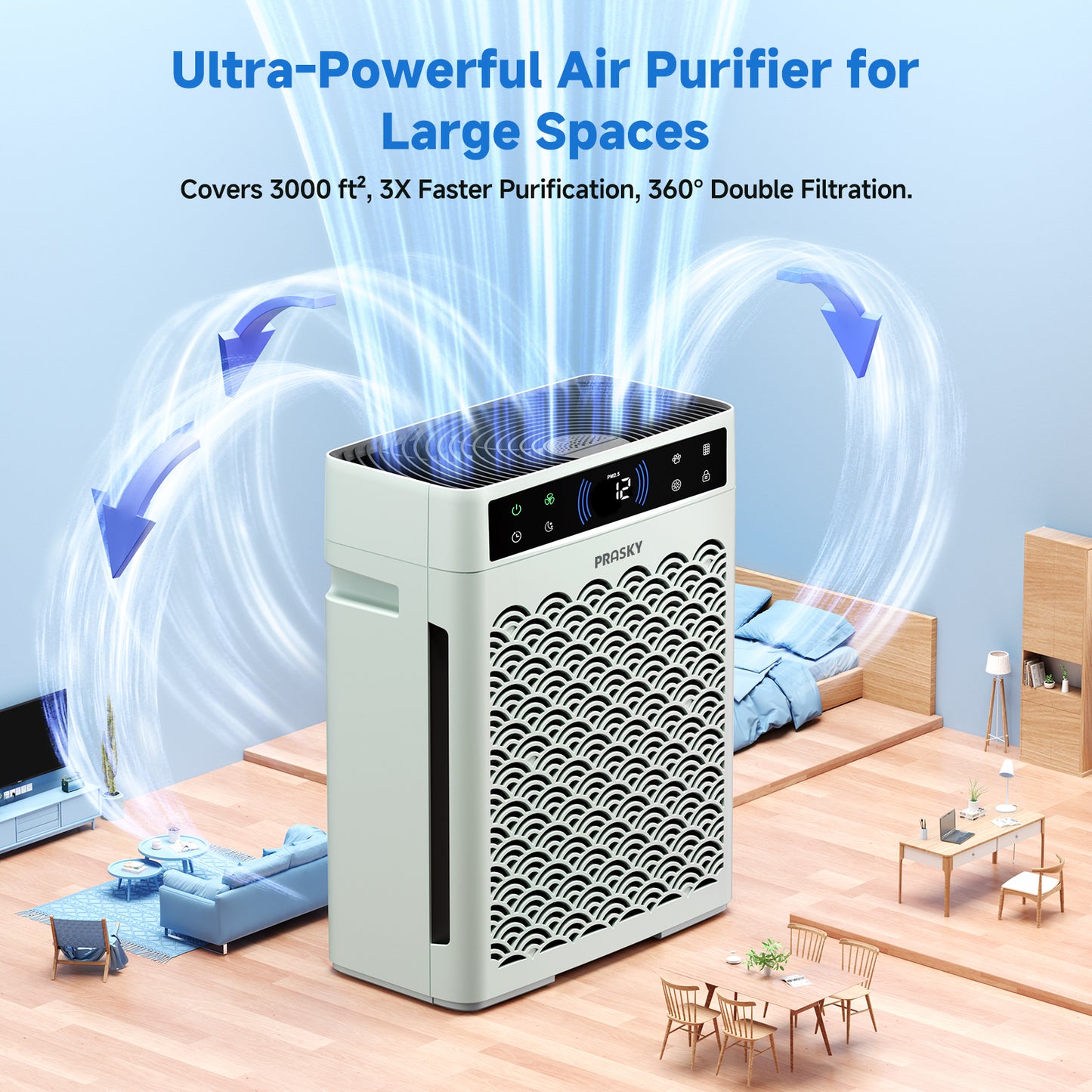 PRASKY Air Purifier for Home Large Room up to 2250 Sq ft, Remove Smoke Dust Allergies