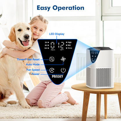 PRASKY Air Purifiers for Home up to 1076 ft², True HEPA Air Filter Cleaner, Remove Smoke Dust Pollen Pet Dander (White)