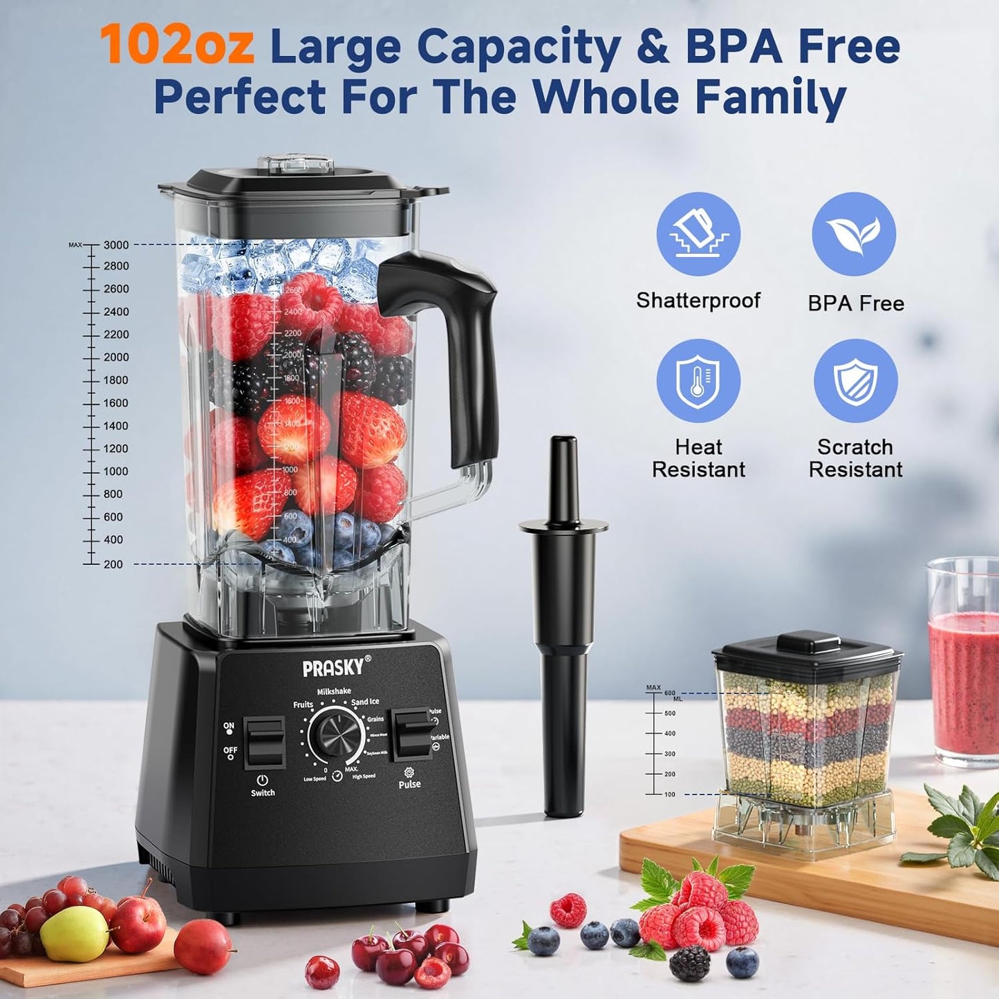 Blender for Smoothies, 102oz Large Capacity Kitchen Blender, 1000W Motor, 2-in-1 Professional Countertop Blenders and Grinder Combo for Frozen Fruit, Ice Crush, Nuts, BPA-Free - Black