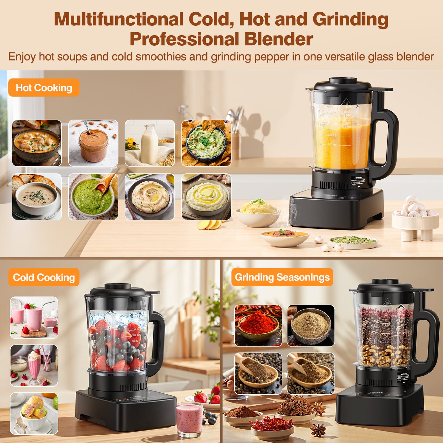 2B - PRASKY Countertop Blender with Heating, 55oz Glass Jar, 1000W Blender for Smoothie, Nut Milk, Soup