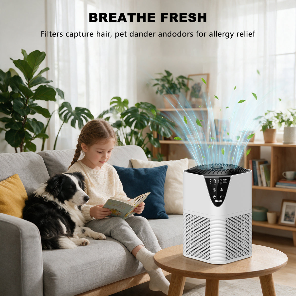 PRASKY Air Purifier for Home with Filter Brusher 1076 Sq Ft Coverage, True HEPA Filter for Pets, Smoke & Allergies | Quiet for Bedroom/Living Room (White)