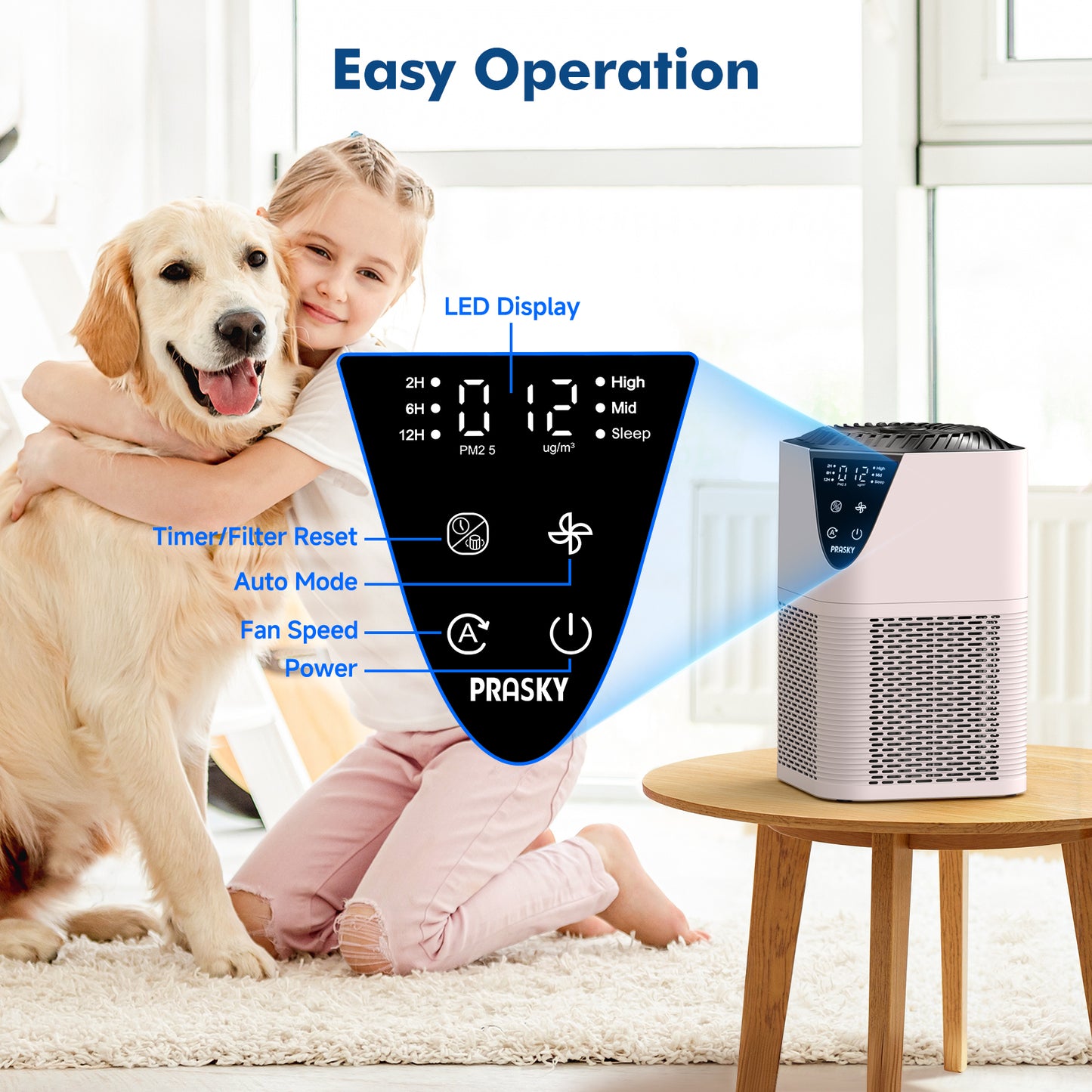PRASKY Air Purifier for Home Large Room up to 1076 Sq ft, Remove Smoke Dust Allergies (Pink)