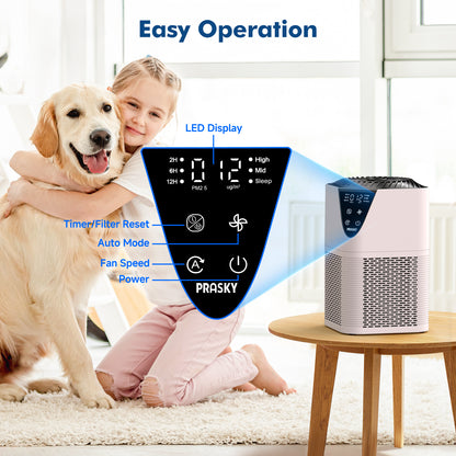 PRASKY Air Purifier for Home Large Room up to 1076 Sq ft, Remove Smoke Dust Allergies (Pink)