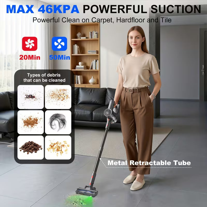 2026 Cordless Vacuum Cleaner for Home, 46Kpa Powerful Stick Vacuum with 50min Runtime, Anti-Tangle Vacuum Cleaner Strong Suction, Detachable Battery, 50.72oz Dust Cup, Rechargeable Vacuum Cleaner for Hardwood Floor Carpet Pet Hair, Car Vacuum Cleaner