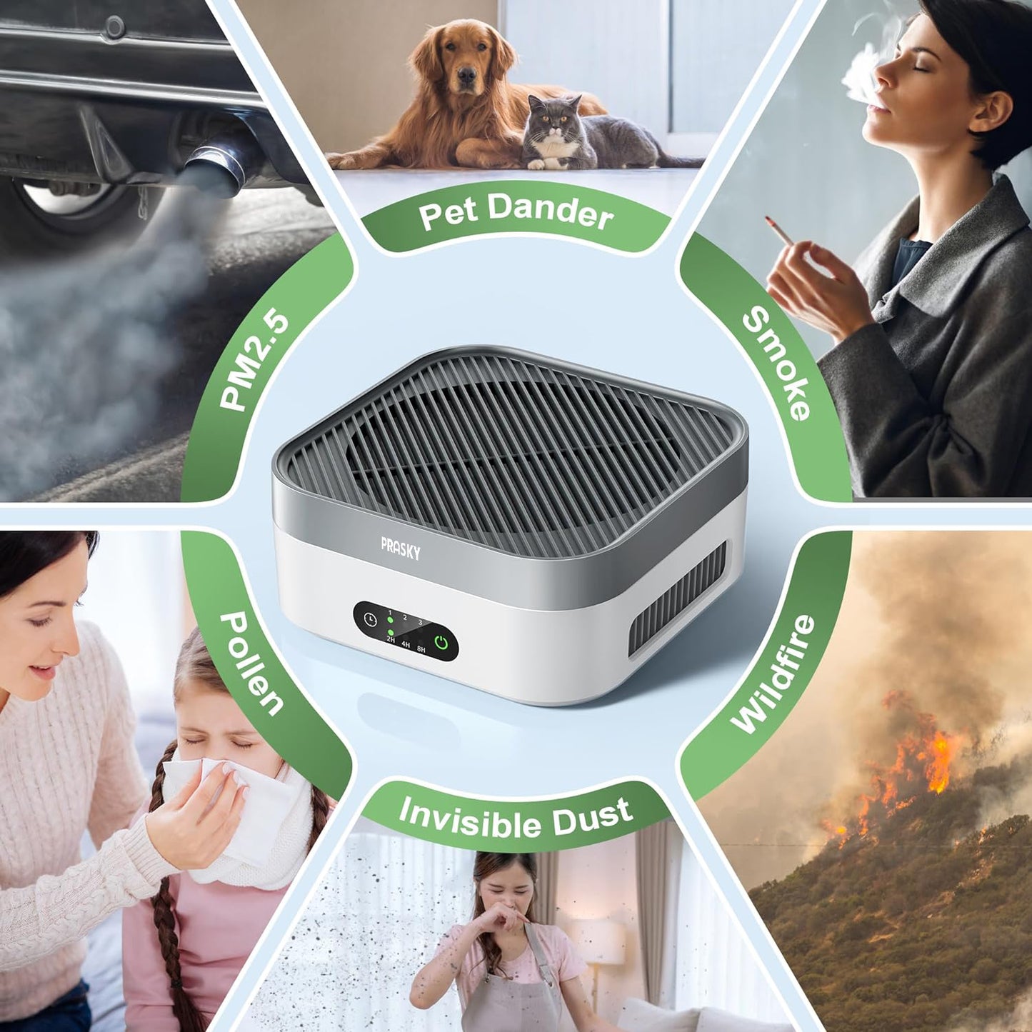 2B - PRASKY Air Purifiers,  True HEPA Air Cleaner with 3 Speeds and Timers for Home, Office, Up to 600 ft² (Gray)