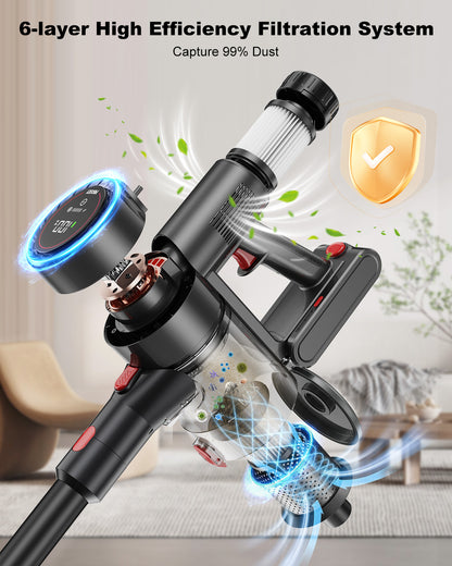 PRASKY Cordless Stick Vacuum Cleaner Adjustable Length Lightweight for Carpet, Hard Floor, Pet Hair (Black)