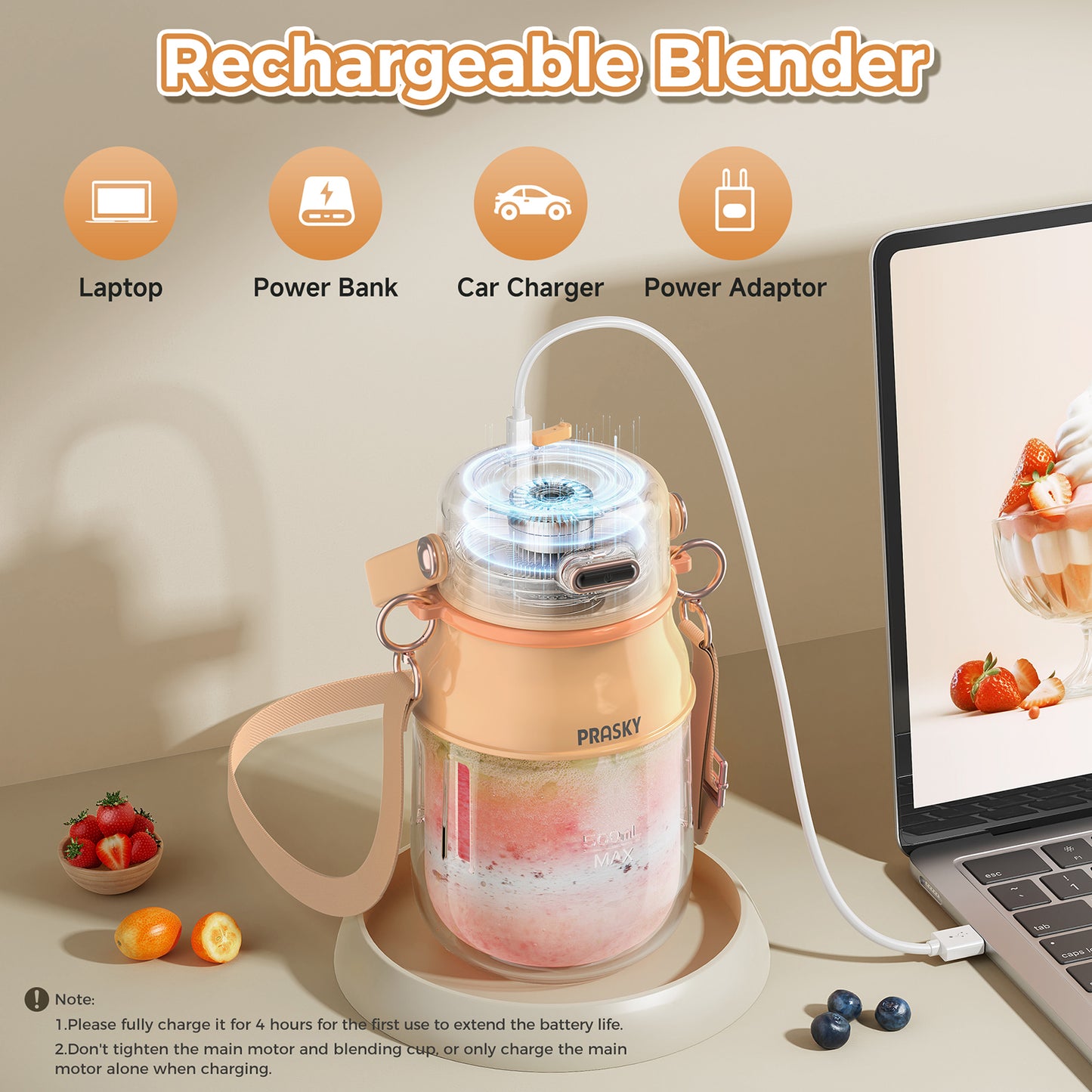 PRASKY Portable Blender, BPA Free 27oz for Juicer, Smoothies and Shakes (Orange)