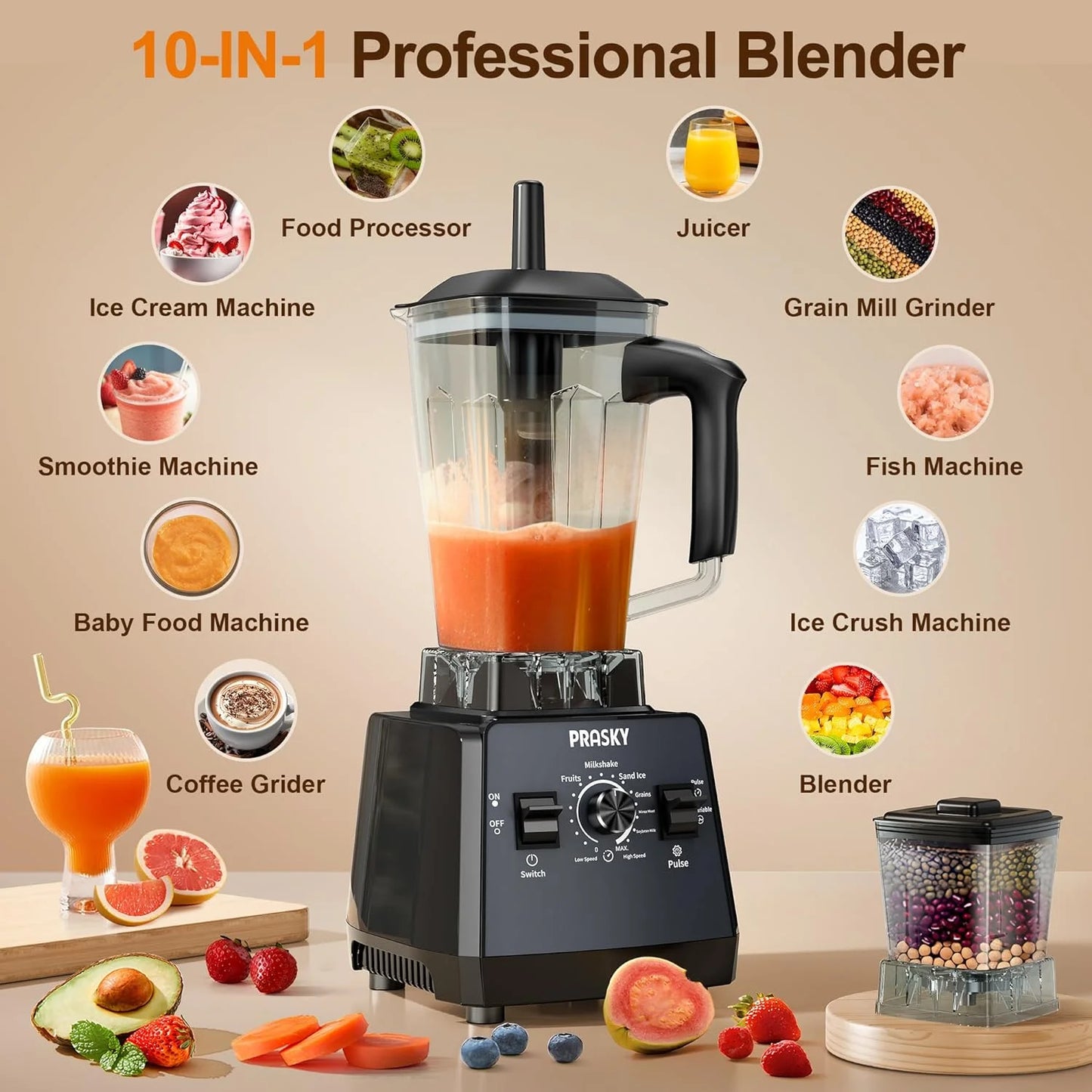 PRASKY Countertop Blender, Blenders for Kitchen with 1000W Motor, 70oz Large Capacity, Professional Blenders for Smoothies, Juicers, Coffee Beans, Grains, and Spices (Black)