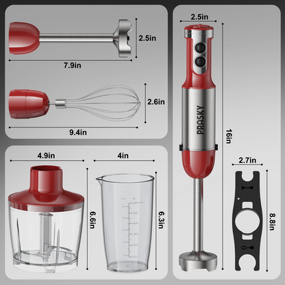 PRASKY Immersion Hand Blender, 6-in-1 Handheld Blender for Kitchen, 20 Speeds Food Processor, Egg Whisk, Milk Frother, Beaker (Red)