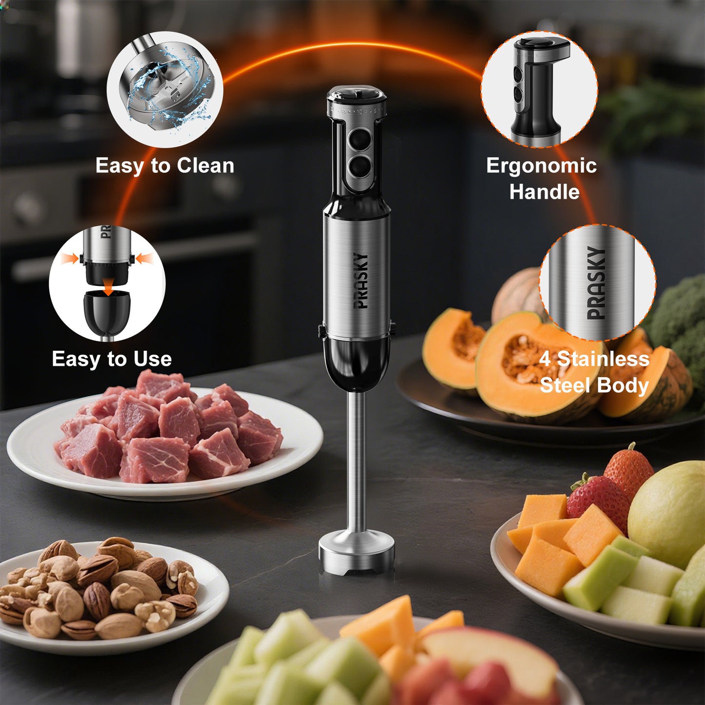 PRASKY Immersion Hand Blender, 6-in-1 Handheld Blender for Kitchen, 20 Speeds Food Processor, Egg Whisk, Milk Frother, Beaker (Black)