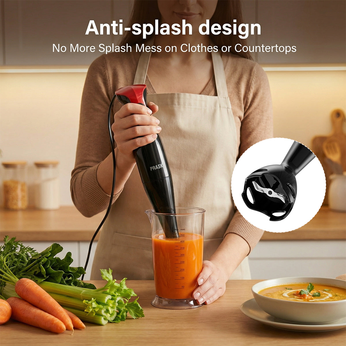 PRASKY Immersion Blender, Hand Blender for Smoothies, Food Processor, Stick Blender for Kitchen (Black)