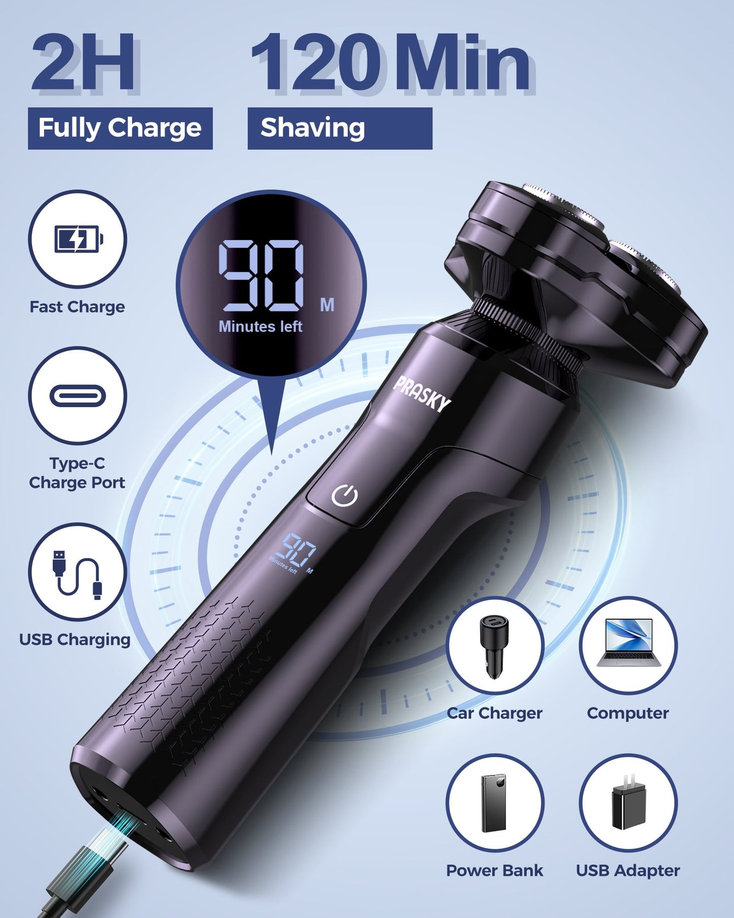 Electric Razor for Men, 3-in-1 Face Shaver, Rotary LED Display, Rechargeable, Floating Head, Replaceable Blades, Portable Travel Beard Trimmer, Hair Clippers Kit, Ideal Gift - Purple