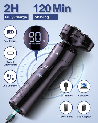 Electric Razor for Men, 3-in-1 Face Shaver, Rotary LED Display, Rechargeable, Floating Head, Replaceable Blades, Portable Travel Beard Trimmer, Hair Clippers Kit, Ideal Gift - Purple