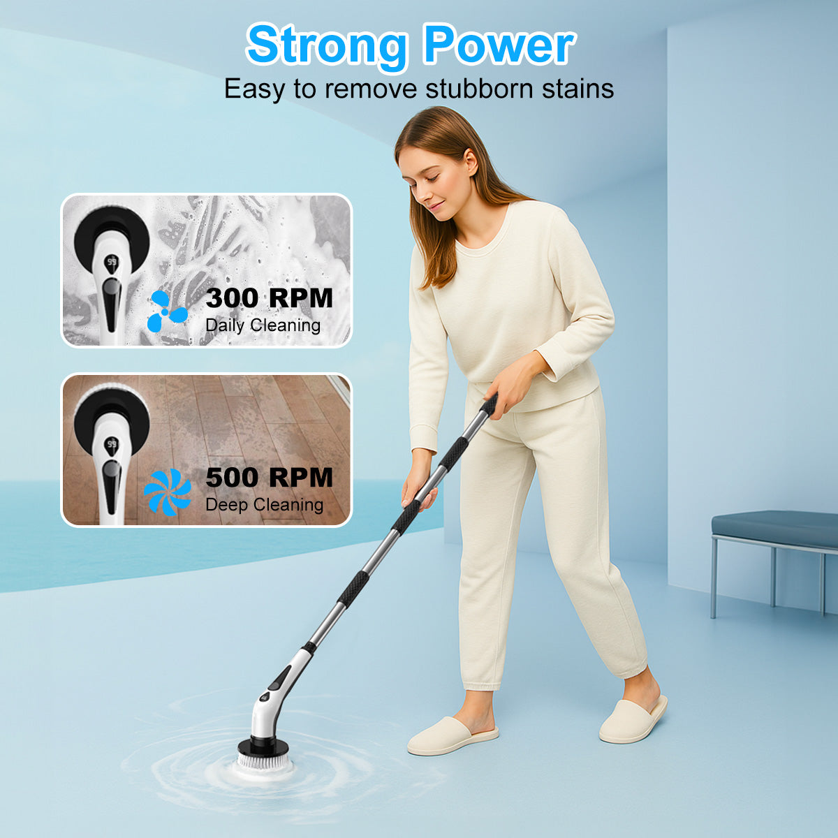 PRASKY Electric Spin Scrubber, Waterproof Shower Scrubber with Long Handle for Bathroom (White)