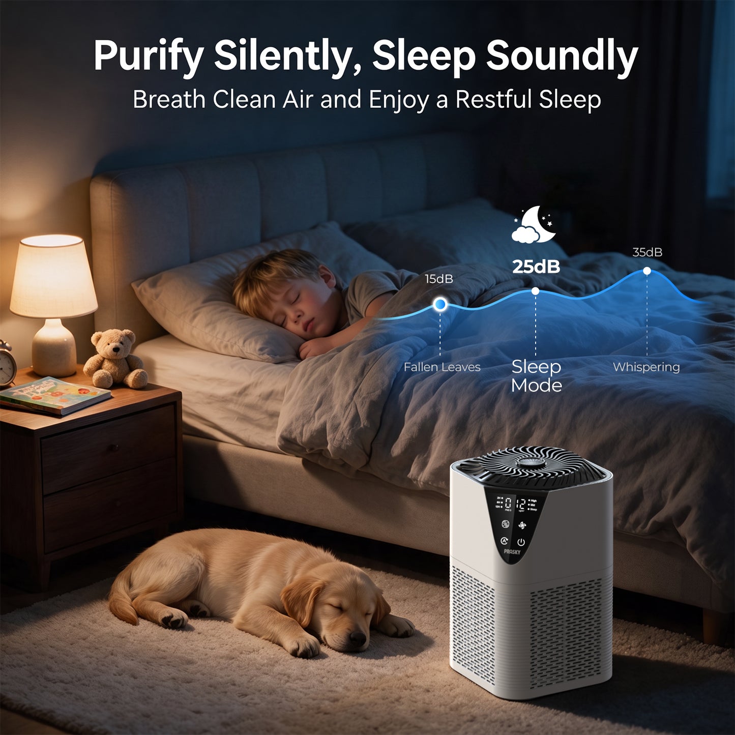 PRASKY Air Purifier for Home with Filter Brusher 1076 Sq Ft Coverage, True HEPA Filter for Pets, Smoke & Allergies | Quiet for Bedroom/Living Room (White)