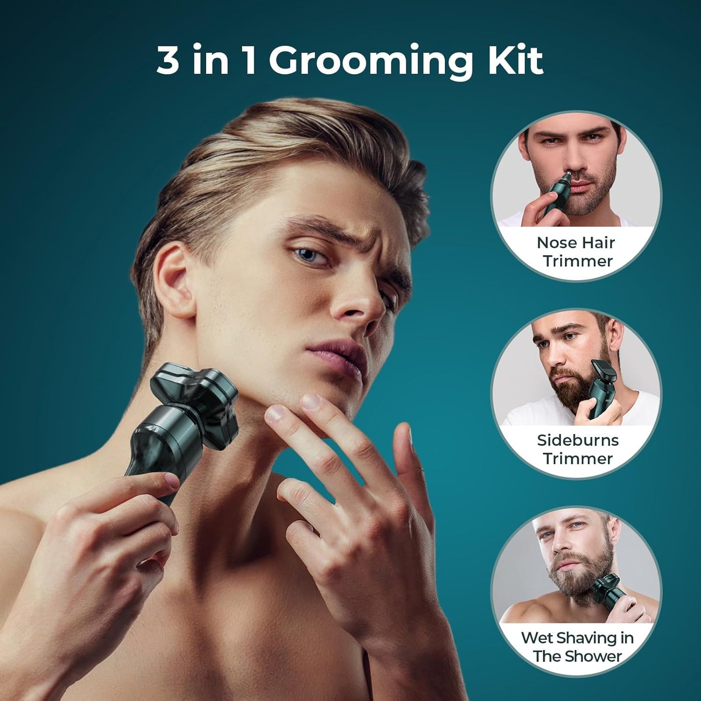 Rasoir électrique pour homme, rasoir visage 3 en 1, écran LED rotatif, rechargeable, tête flottante, lames remplaçables, tondeuse à barbe de voyage portable, kit tondeuse à cheveux 