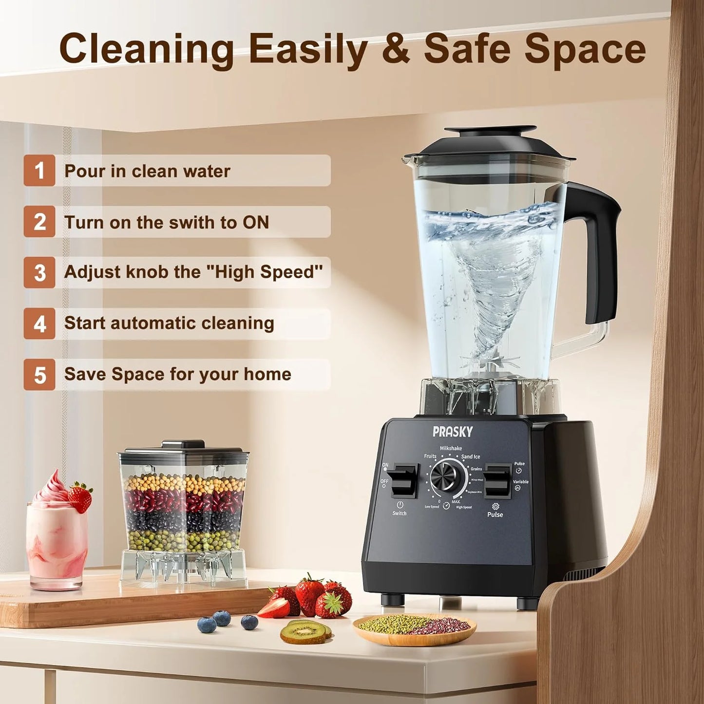 PRASKY Countertop Blender, Blenders for Kitchen with 1000W Motor, 70oz Large Capacity, Professional Blenders for Smoothies, Juicers, Coffee Beans, Grains, and Spices (Black)