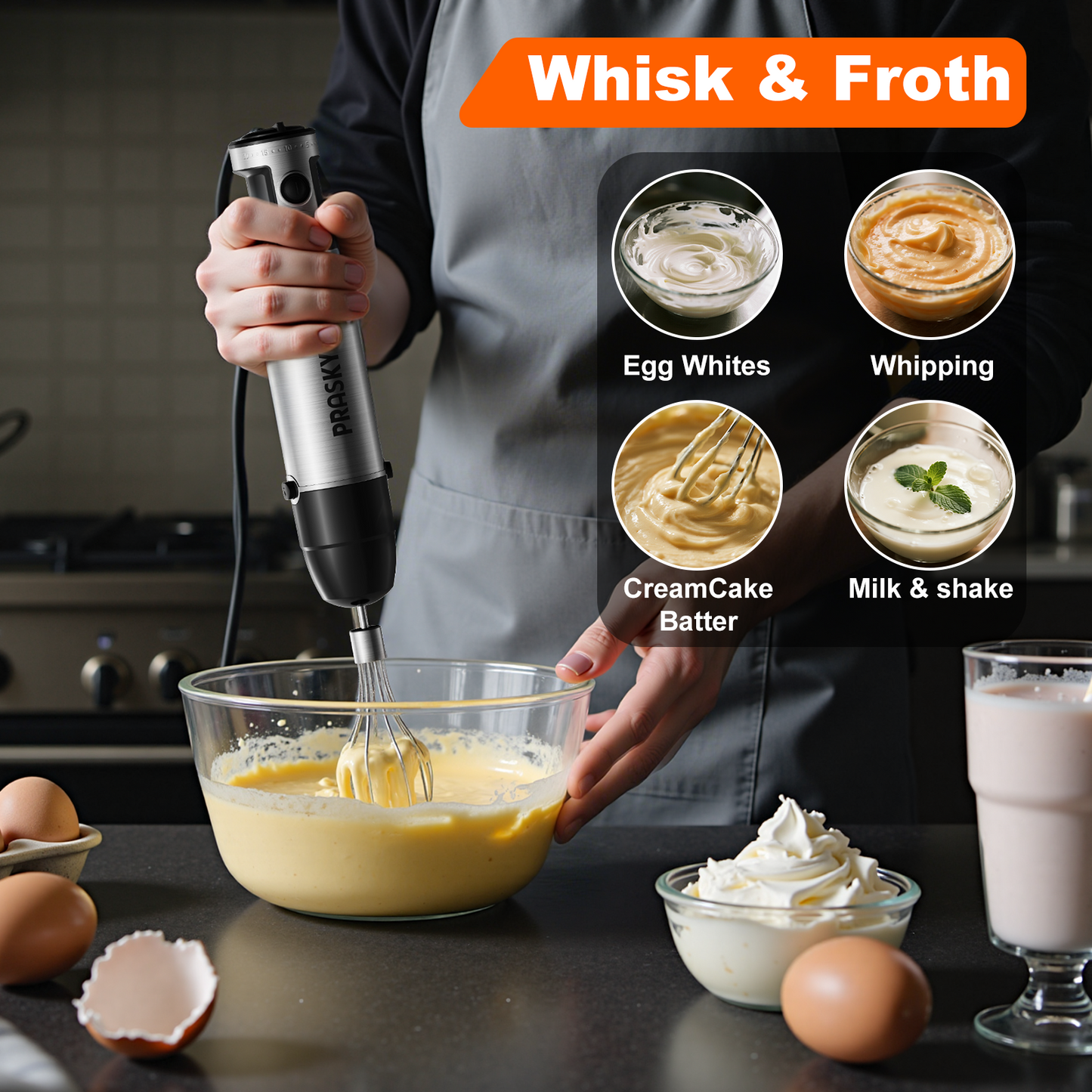 PRASKY Immersion Hand Blender, 6-in-1 Handheld Blender for Kitchen, 20 Speeds Food Processor, Egg Whisk, Milk Frother, Beaker (Black)