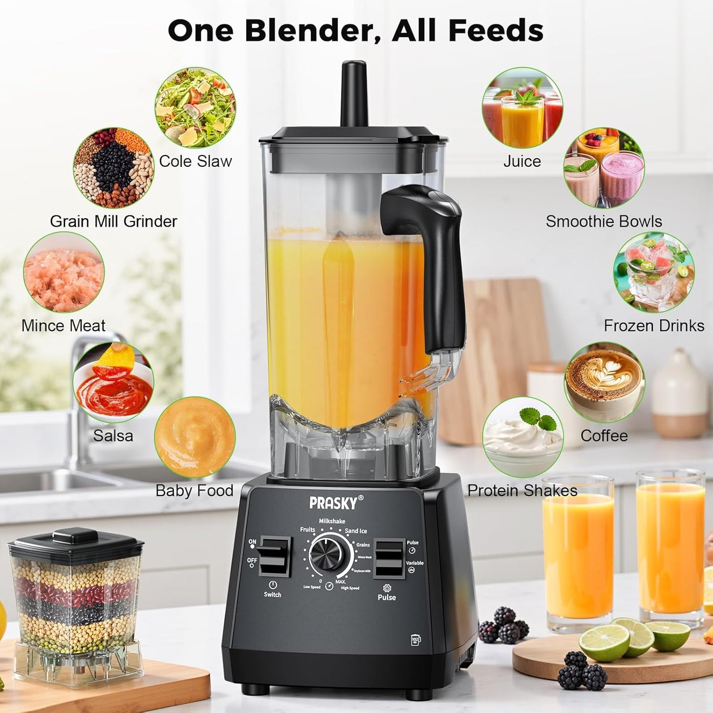 Blenders for Kitchen, Smoothie Blender, 2400W PRASKY Countertop Blender with 101oz Juice & Grinder Jar, BPA-Free, 25000 RPM Blender for Smoothies, Ice, Frozen Fruit (Gray, 3L)