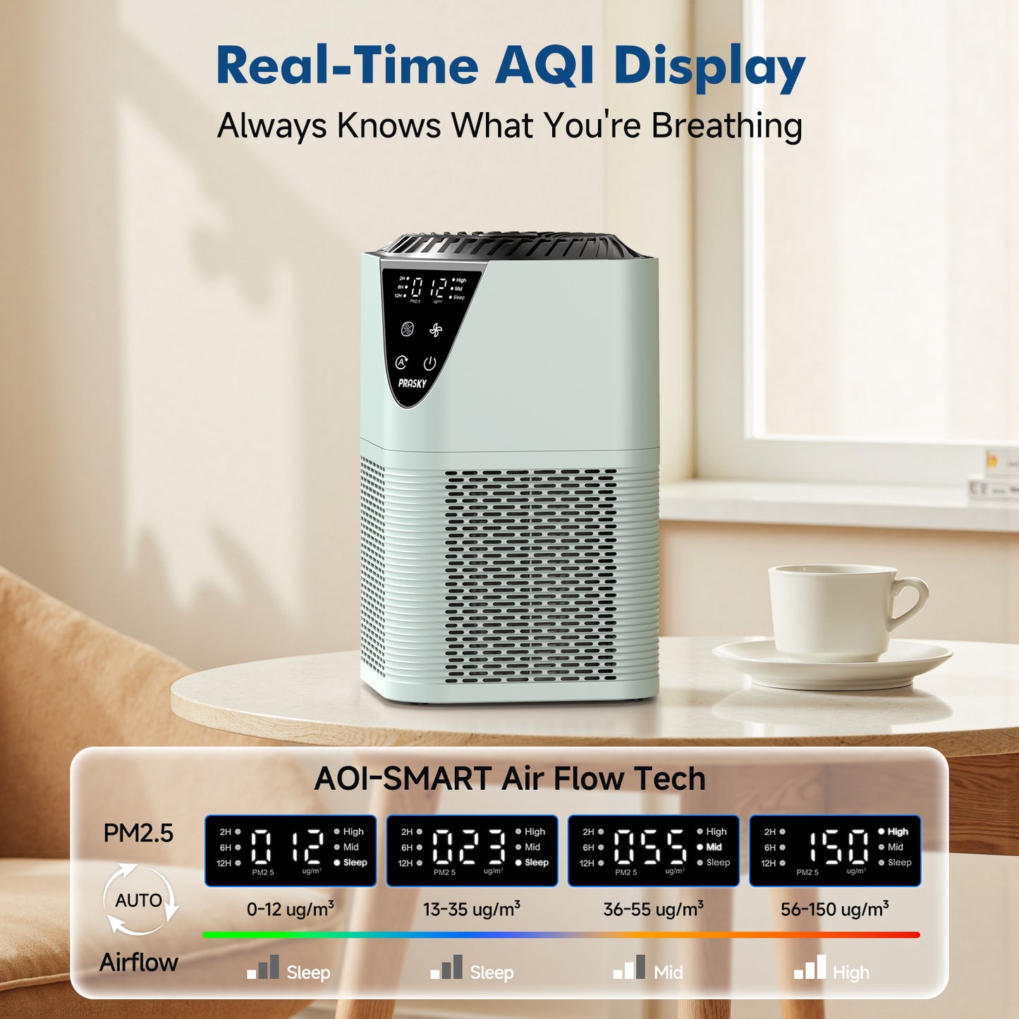 PRASKY Air Purifier for Home Large Room up to 1076 Sq ft, Remove Smoke Dust Allergies (Green)