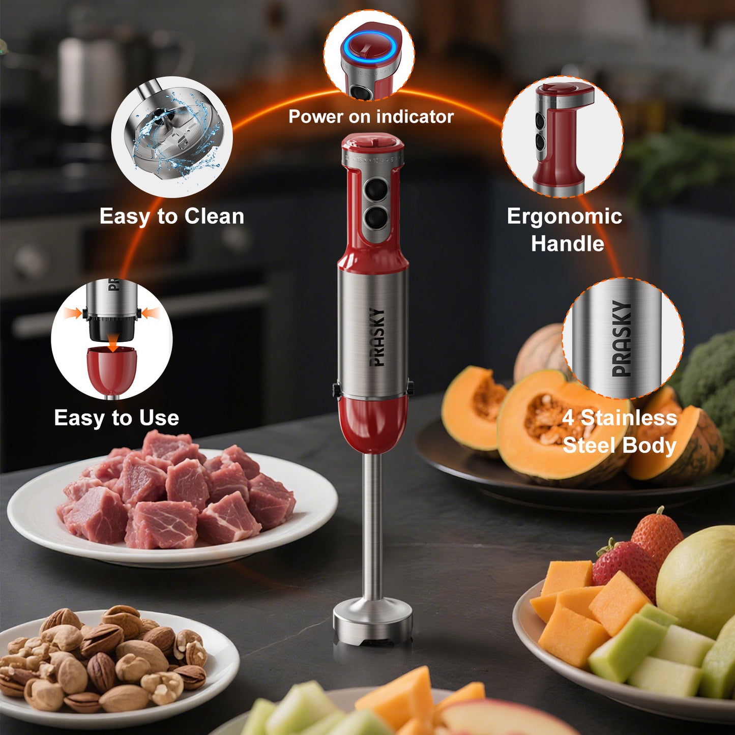 PRASKY Immersion Hand Blender, 6-in-1 Handheld Blender for Kitchen, 20 Speeds Food Processor, Egg Whisk, Milk Frother, Beaker (Red)