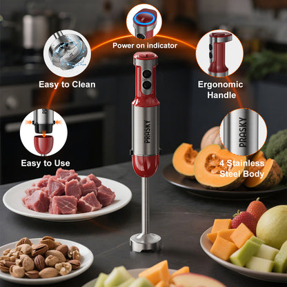 PRASKY Immersion Hand Blender, 6-in-1 Handheld Blender for Kitchen, 20 Speeds Food Processor, Egg Whisk, Milk Frother, Beaker (Red)
