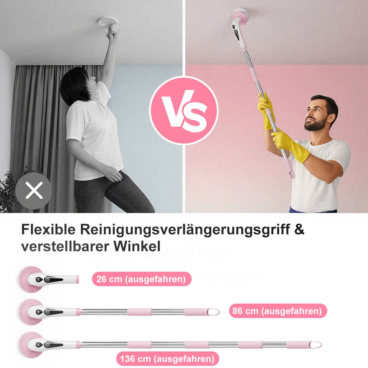 Cleaning Brush Set Electric Cleaning Brush with 9 Interchangeable Brush Heads, Multiple Detachable Parts, Electric Bath Brush, 9 Interchangeable Brush Heads Bathroom Cleaning Set, 30-130 cm Extension Pole with Digital Display