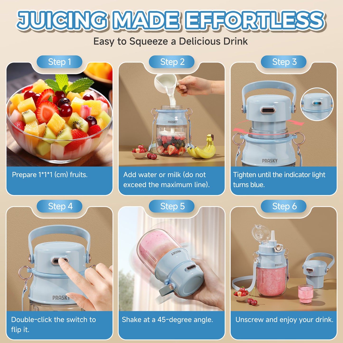 PRASKY Portable Blender, BPA Free 27oz for Juicer, Smoothies and Shakes (Blue)