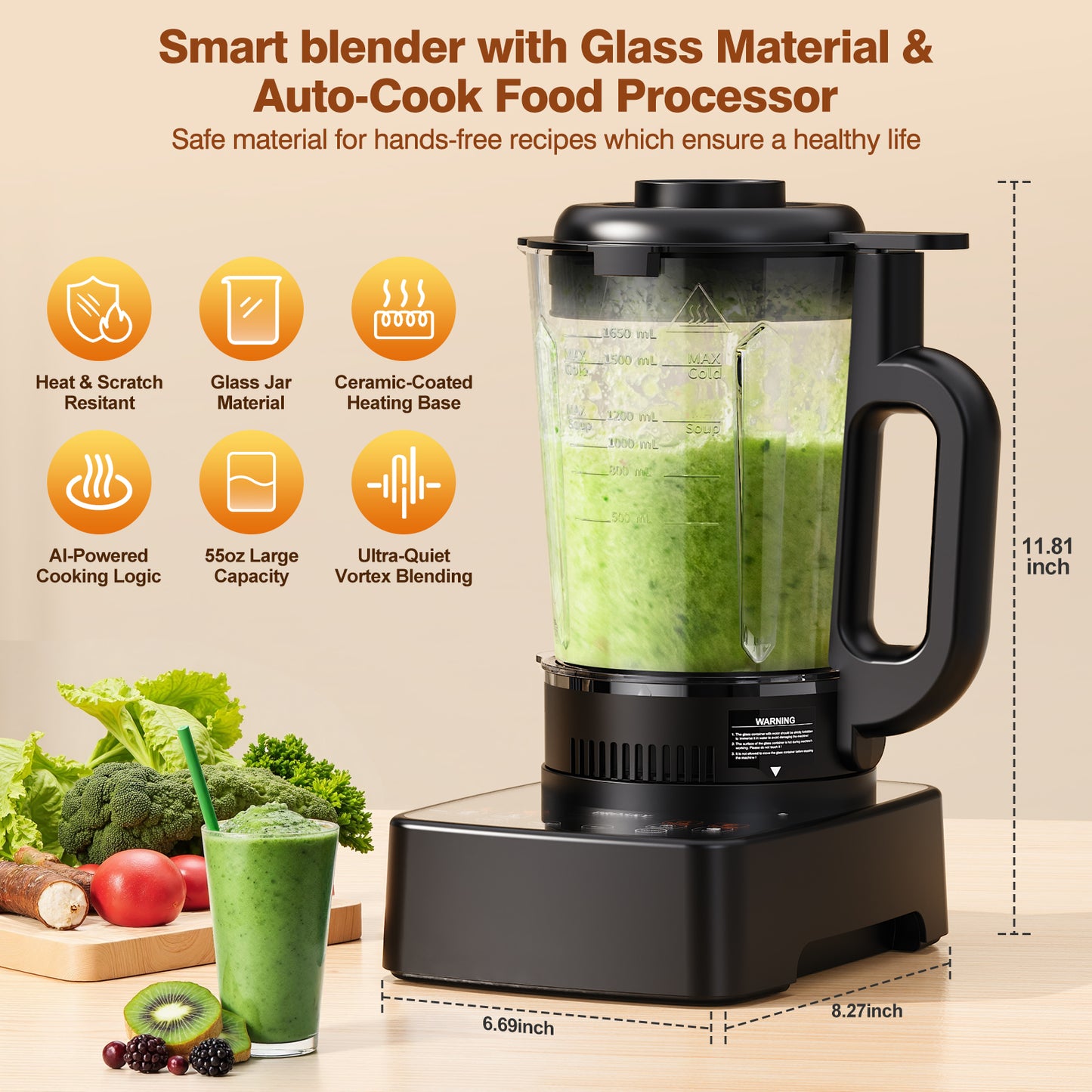 PRASKY Professional Countertop Blender with Heating, 53OZ Glass Blender with Stainless Steel Insulated Cup