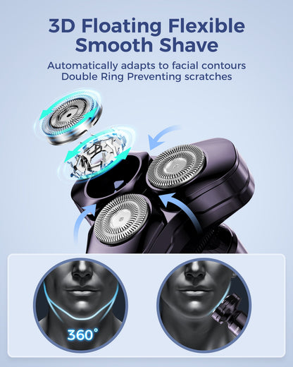 Electric Razor for Men, 3-in-1 Face Shaver, Rotary LED Display, Rechargeable, Floating Head, Replaceable Blades, Portable Travel Beard Trimmer, Hair Clippers Kit, Ideal Gift - Purple