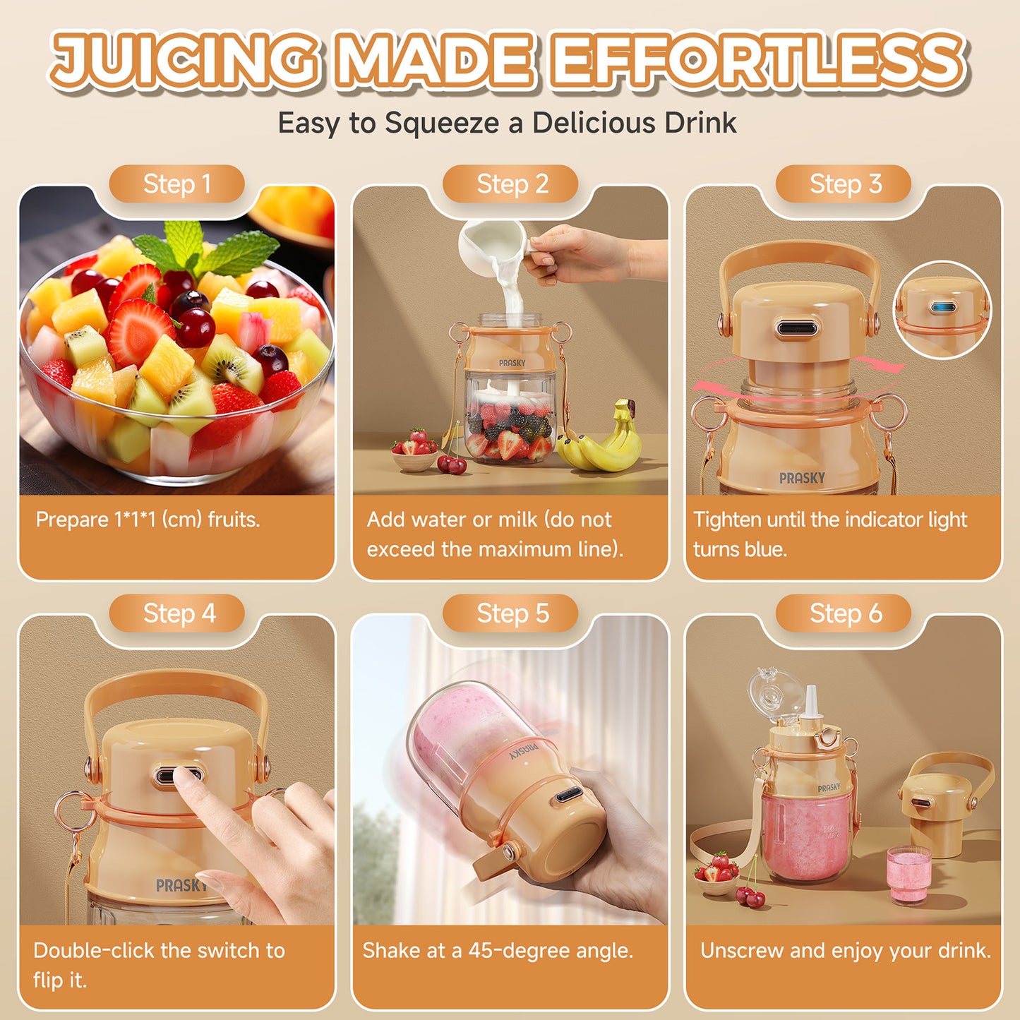 PRASKY Portable Blender, BPA Free 27oz for Juicer, Smoothies and Shakes (Orange)