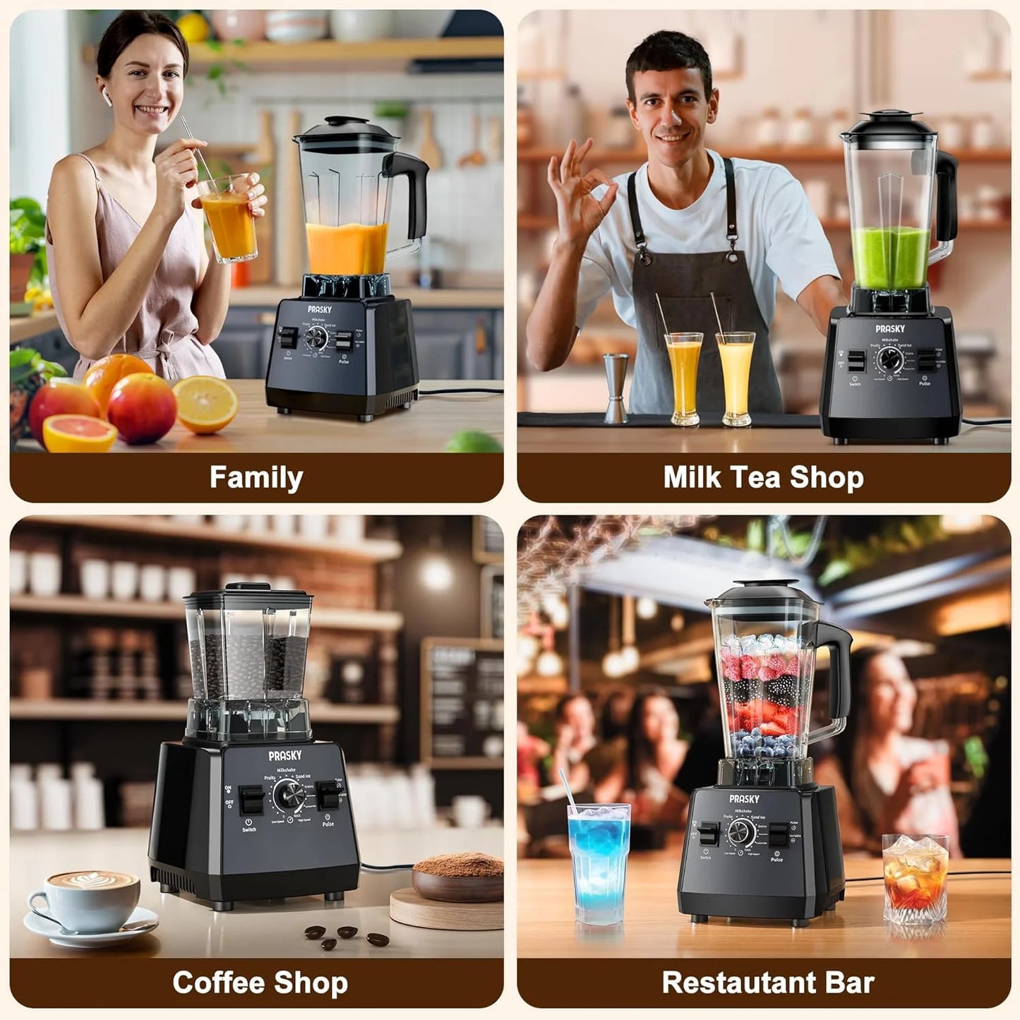 PRASKY Countertop Blender, Blenders for Kitchen with 1000W Motor, 70oz Large Capacity, Professional Blenders for Smoothies, Juicers, Coffee Beans, Grains, and Spices (Black)