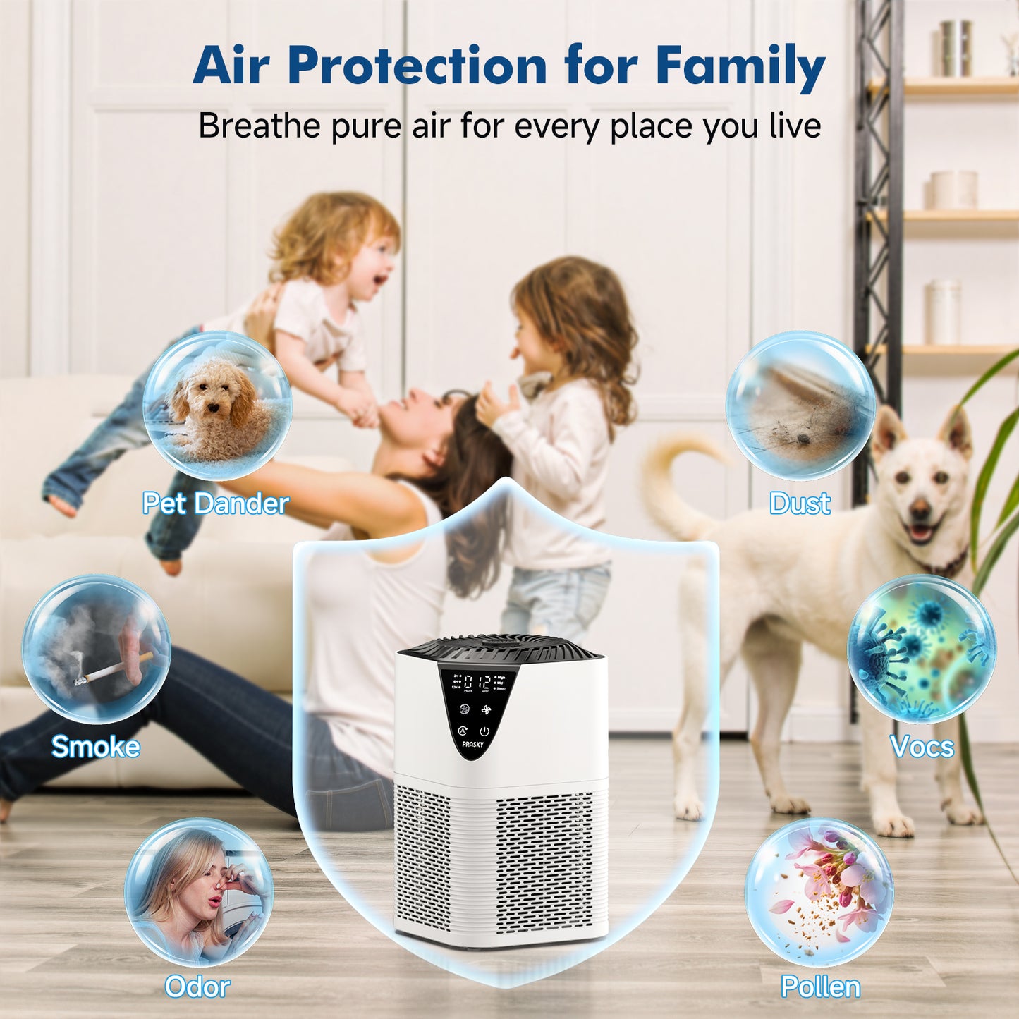 PRASKY Air Purifiers for Home up to 1076 ft², True HEPA Air Filter Cleaner, Remove Smoke Dust Pollen Pet Dander (White)