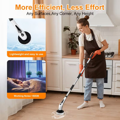 2026 Electric Spin Scrubber | Cordless, IPX8 Waterproof, LED Display, with 9 Replaceable Brush Heads and 4 Adjustable Extension Handles, for Bathroom, Kitchen, Tile, Floor, Household Cleaning, Portable, by PRASKY