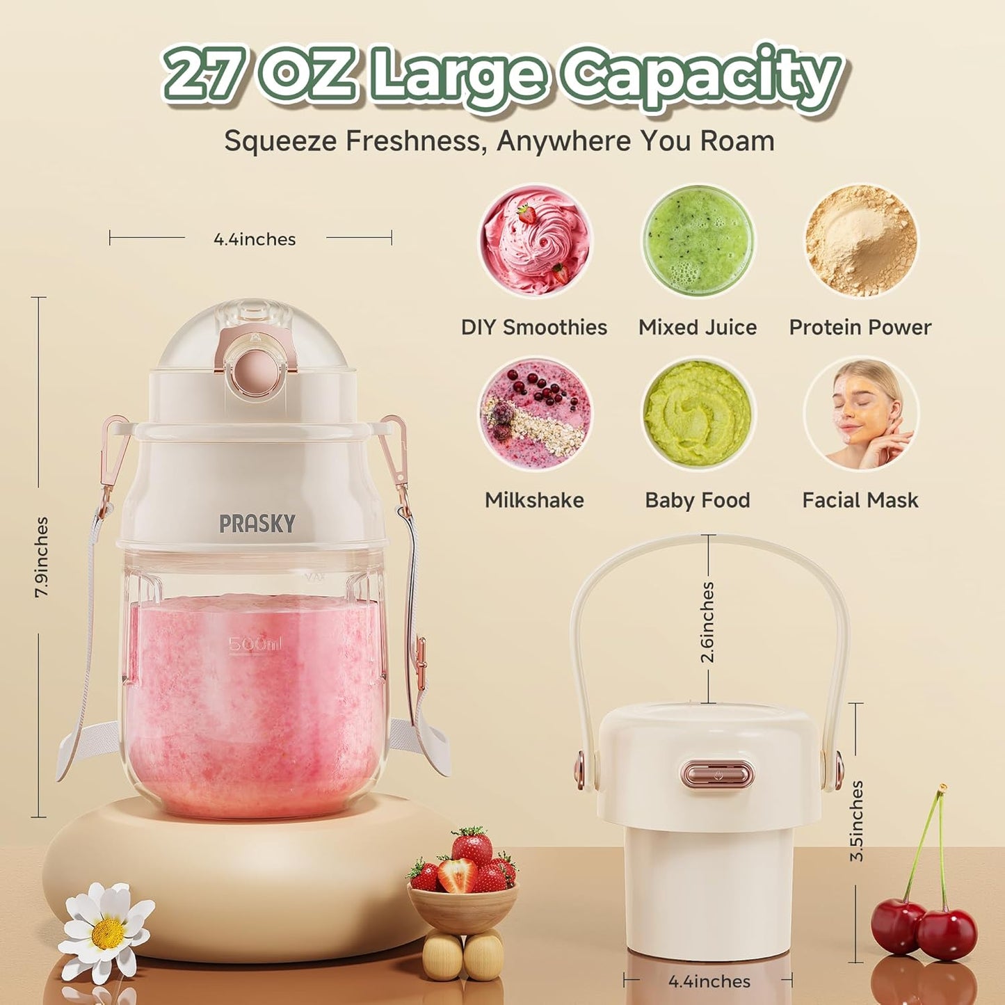 2B - PRASKY Personal Blender, BPA Free 27oz Portable Blender for Smoothies and Shakes, Juicer Blender