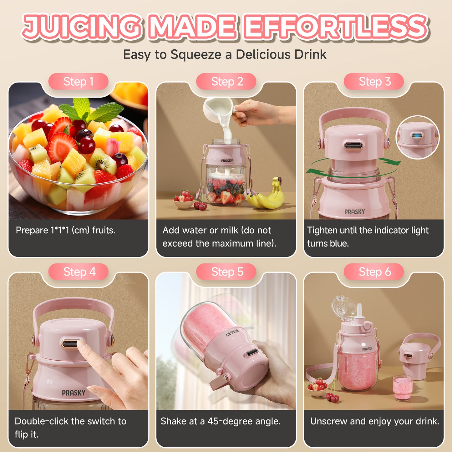 PRASKY Portable Blender, BPA Free 27oz for Juicer, Smoothies and Shakes (Pink)