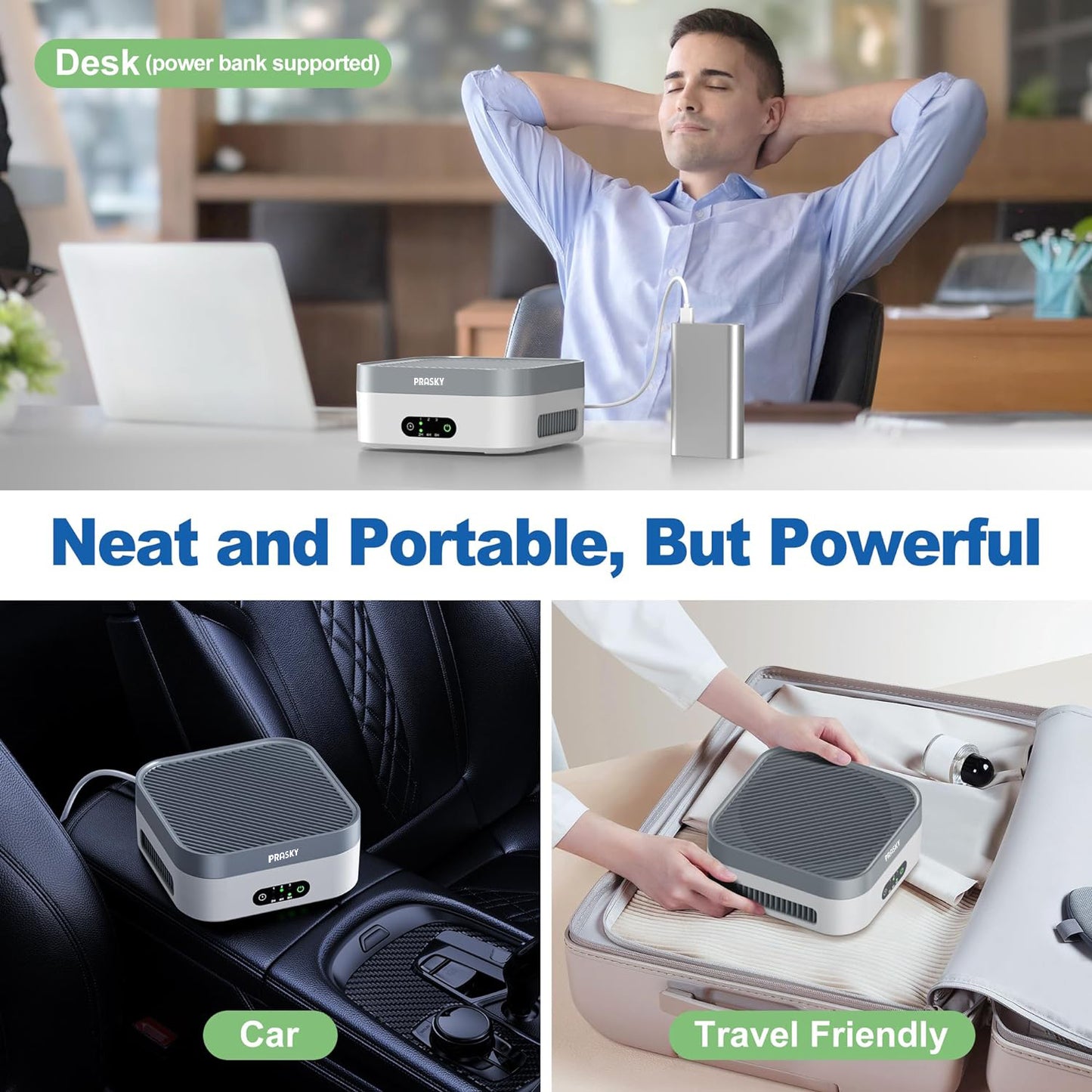 2B - PRASKY Air Purifiers,  True HEPA Air Cleaner with 3 Speeds and Timers for Home, Office, Up to 600 ft² (Gray)