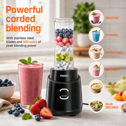 PRASKY Smoothies Blender, Blender for Kitchen with 2 To-go Cups (1x20oz,1x24oz), 6-Leaf Stainless Blade Personal Blender for Frozen Fruits & Ice (Black)