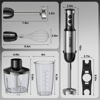 PRASKY Immersion Hand Blender, 6-in-1 Handheld Blender for Kitchen, 20 Speeds Food Processor, Egg Whisk, Milk Frother, Beaker (Black)