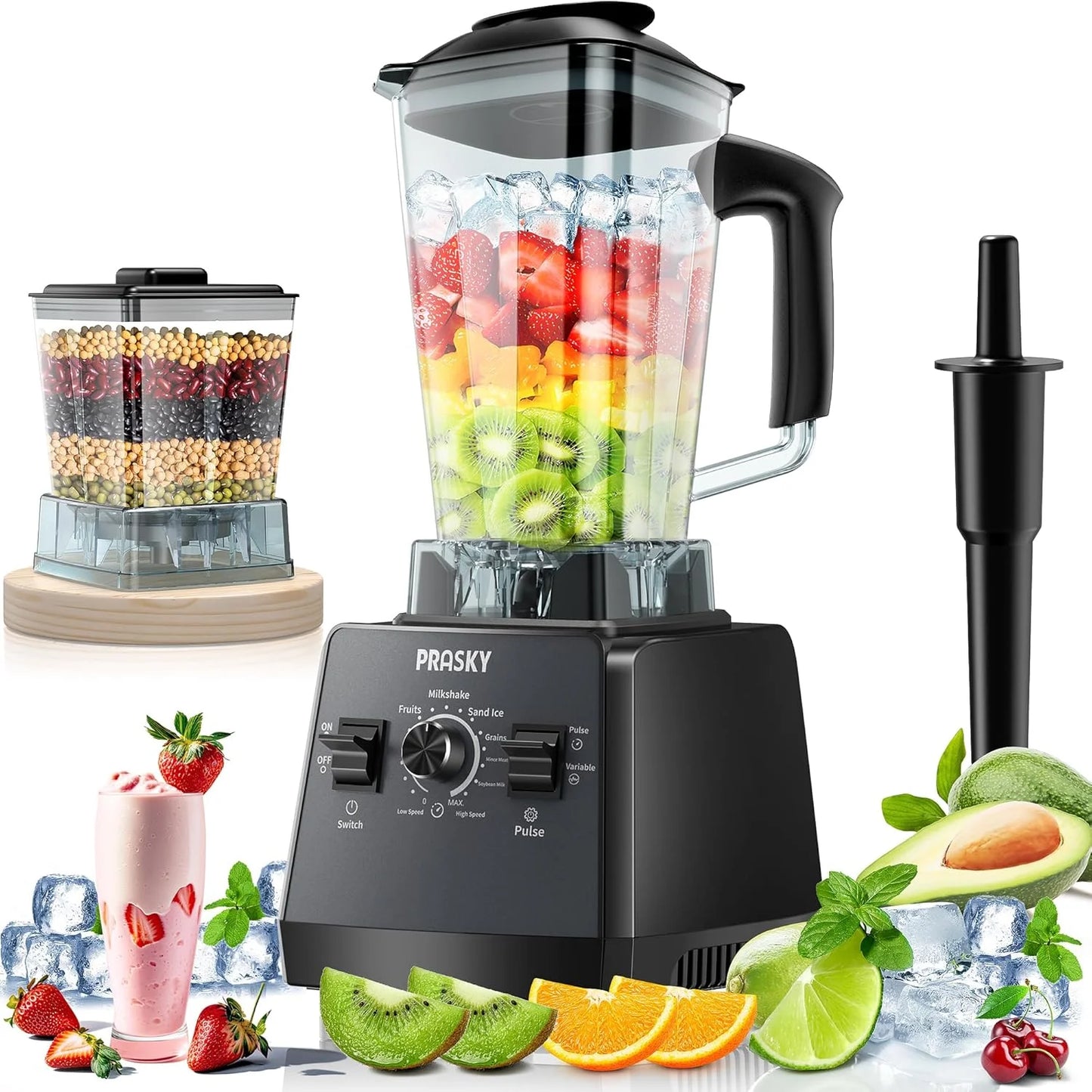 PRASKY Countertop Blender, Blenders for Kitchen with 1000W Motor, 70oz Large Capacity, Professional Blenders for Smoothies, Juicers, Coffee Beans, Grains, and Spices (Black)
