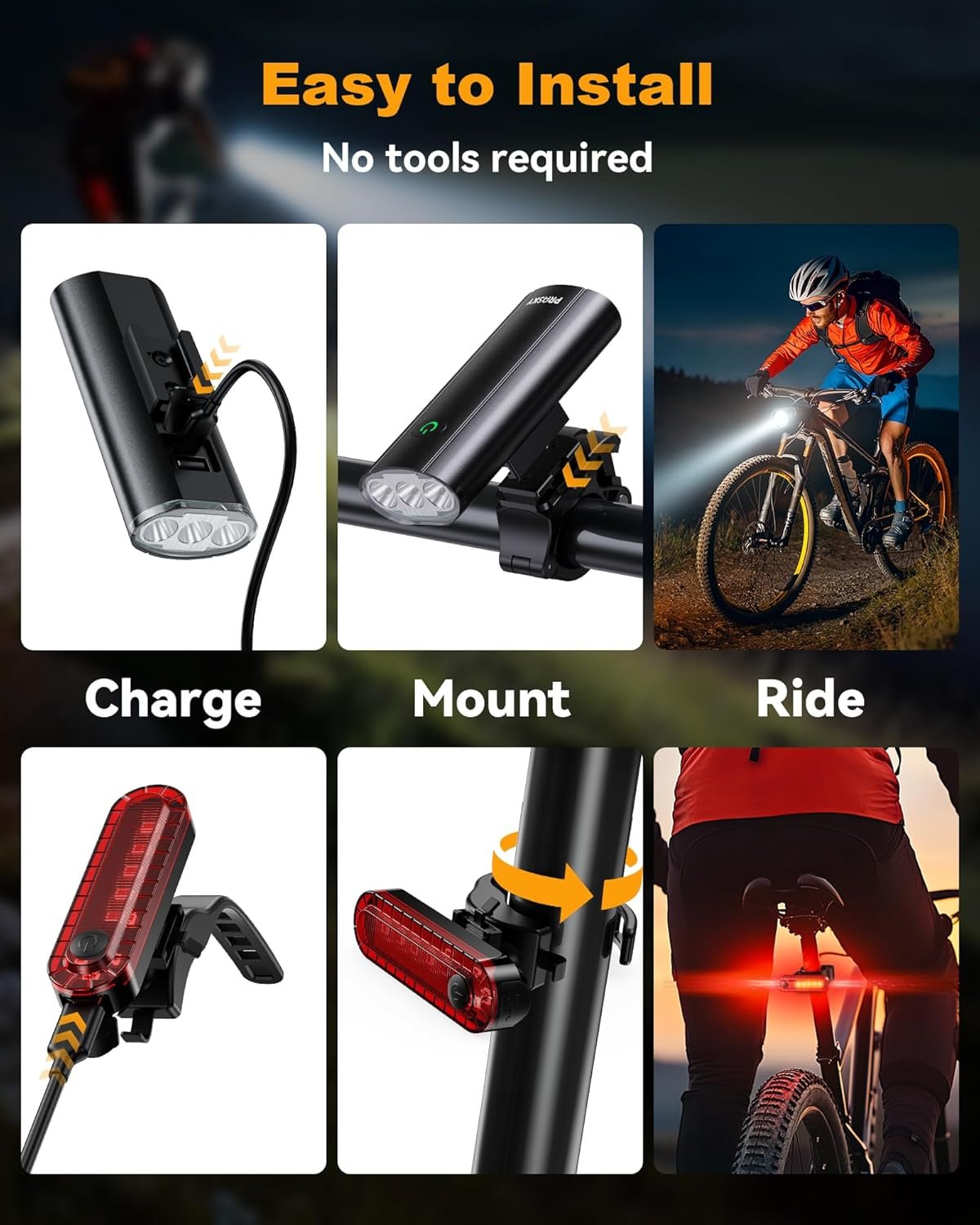 2B - Super Bright Bike Lights for Night Riding, USB Rechargeable Mountain Bicycle Headlight, Waterproof, 6+4 Light Modes Bike Light Set for Cyclists and Commuters