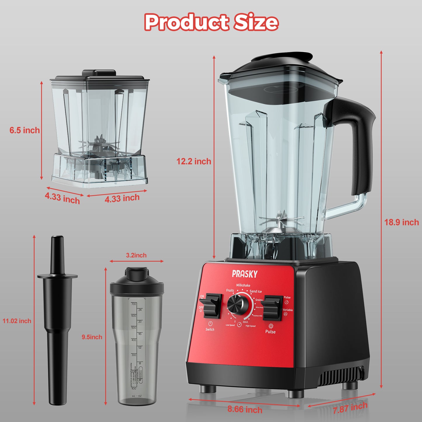 PRASKY Countertop Blender, 2-in-1 Professional Blender, 68oz Capacity 1000W 6 Speeds Blender for Kitchen with 25oz to-go Cup (Red)