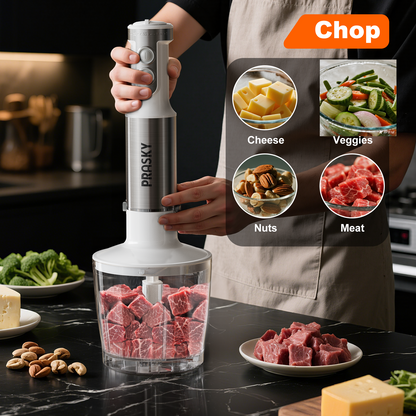 PRASKY Immersion Hand Blender, 6-in-1 Handheld Blender for Kitchen, 20 Speeds Food Processor, Egg Whisk, Milk Frother, Beaker (White)