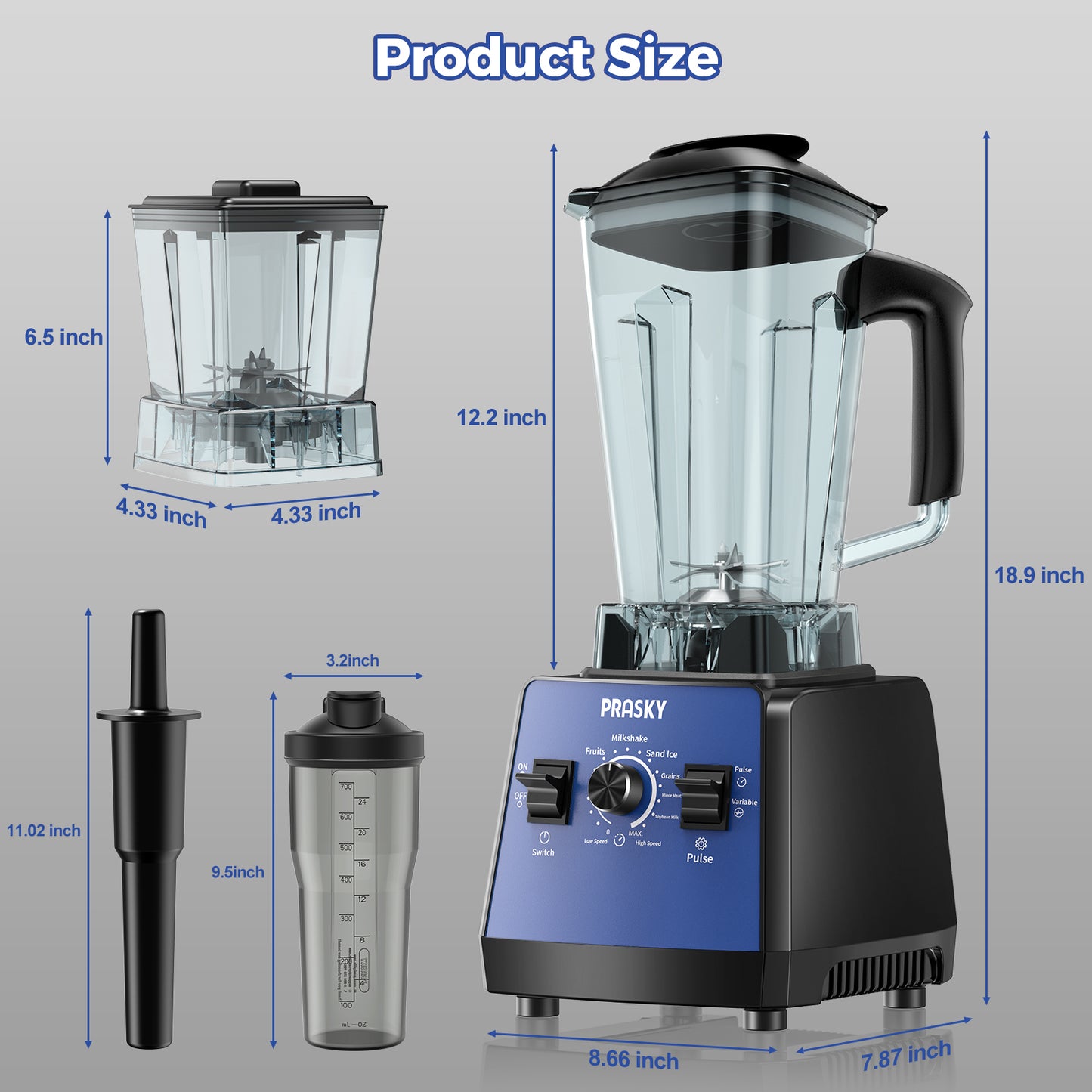 2026 PRASKY Countertop Blender, 2-in-1 Professional Blender, 68oz Capacity 1000W 6 Speeds Blender for Kitchen with 25oz to-go Cup (Blue)