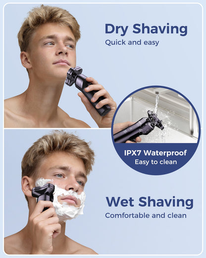 Electric Razor for Men, 3-in-1 Face Shaver, Rotary LED Display, Rechargeable, Floating Head, Replaceable Blades, Portable Travel Beard Trimmer, Hair Clippers Kit, Ideal Gift - Purple