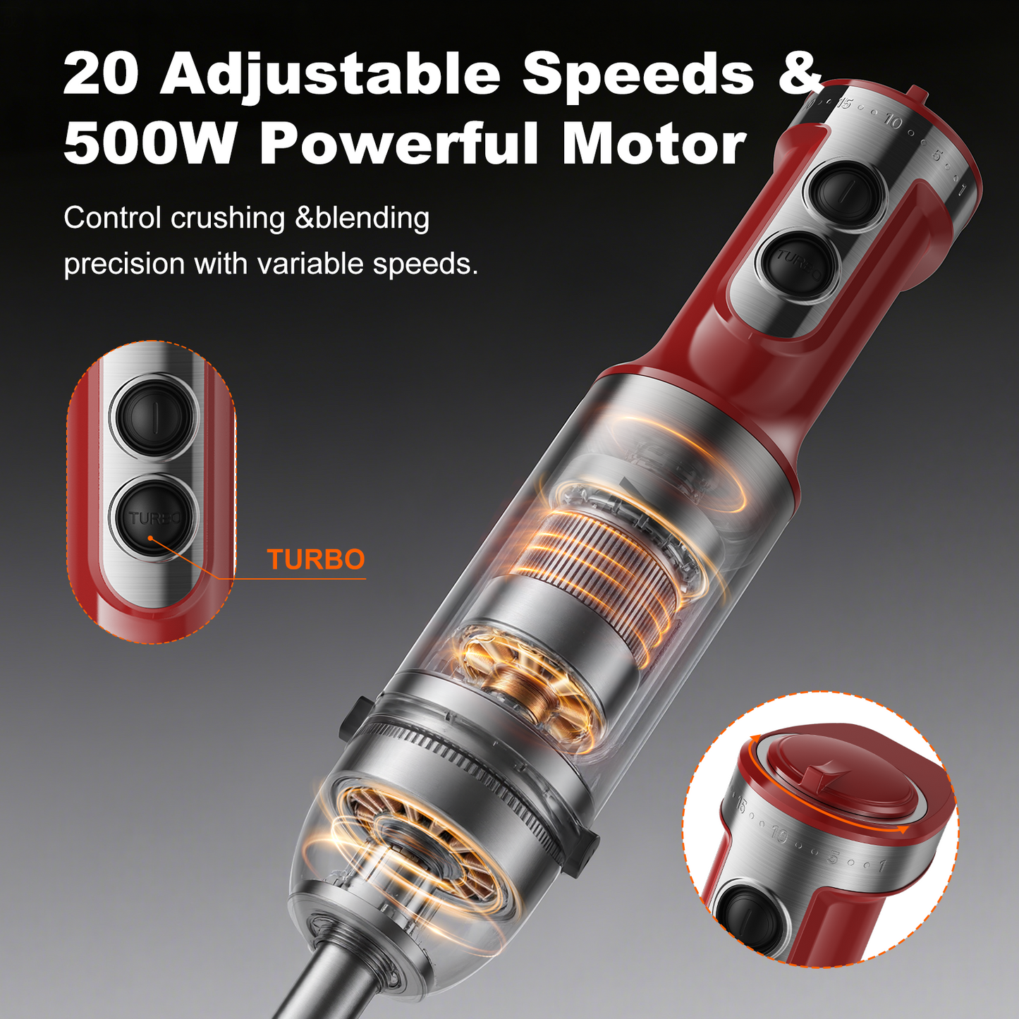 PRASKY Immersion Hand Blender, 6-in-1 Handheld Blender for Kitchen, 20 Speeds Food Processor, Egg Whisk, Milk Frother, Beaker (Red)