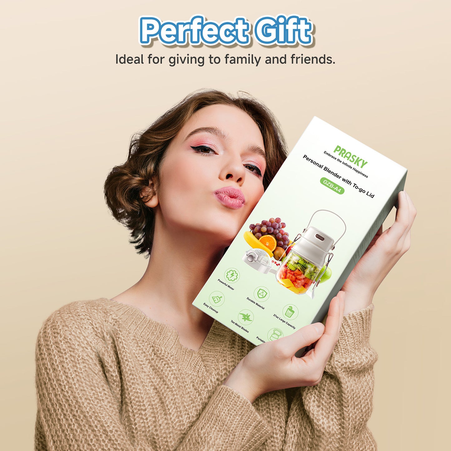 PRASKY Portable Blender, BPA Free 27oz for Juicer, Smoothies and Shakes (Blue)