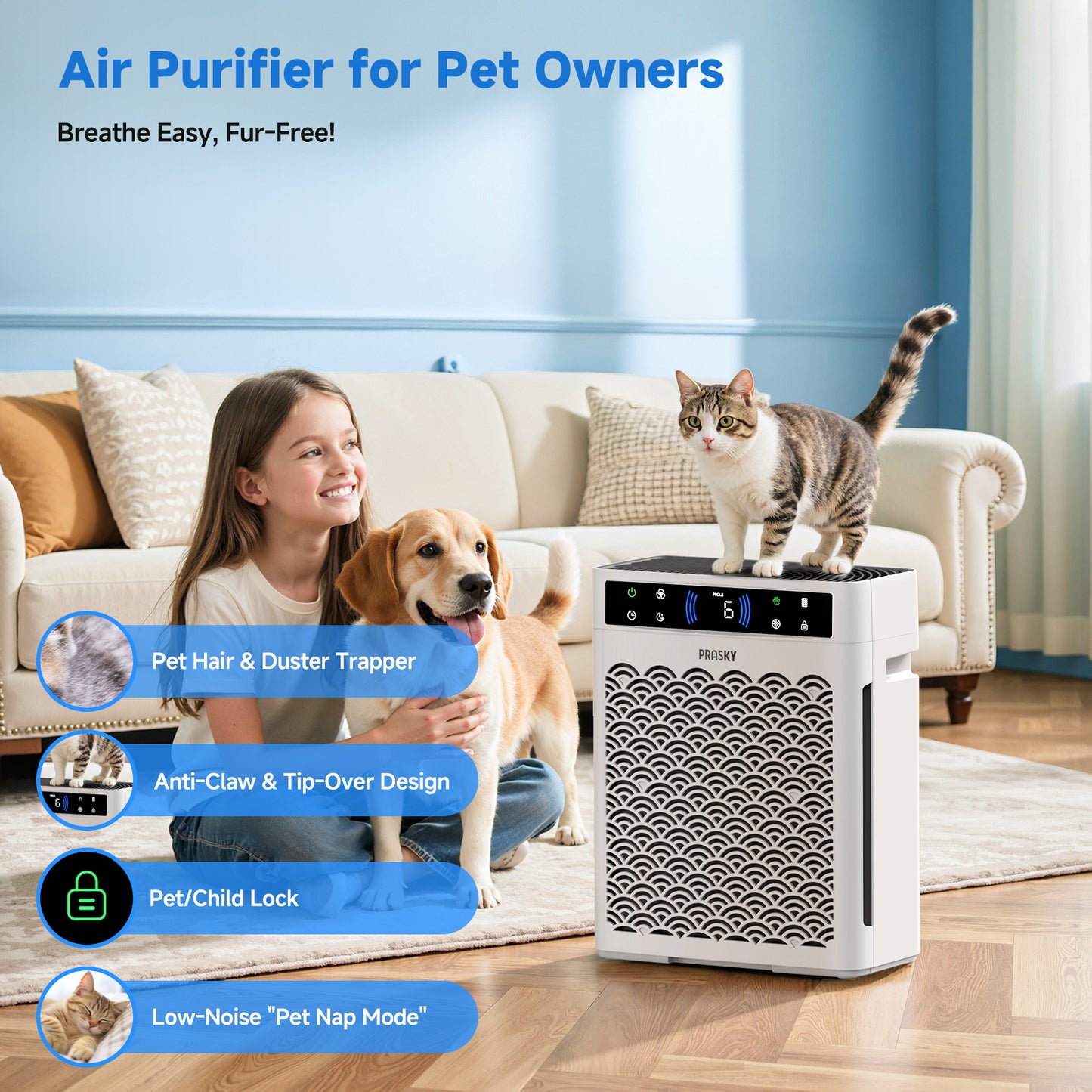 Air Purifier, PRASKY Air Purifier for Home Large Room with Activated Carbon & True HEPA Air Filters Up To 99.97% of Dust Pets Smoke Pollen Dander Smell Hair, Air Cleaner Office, Dorm room, Pets, Car