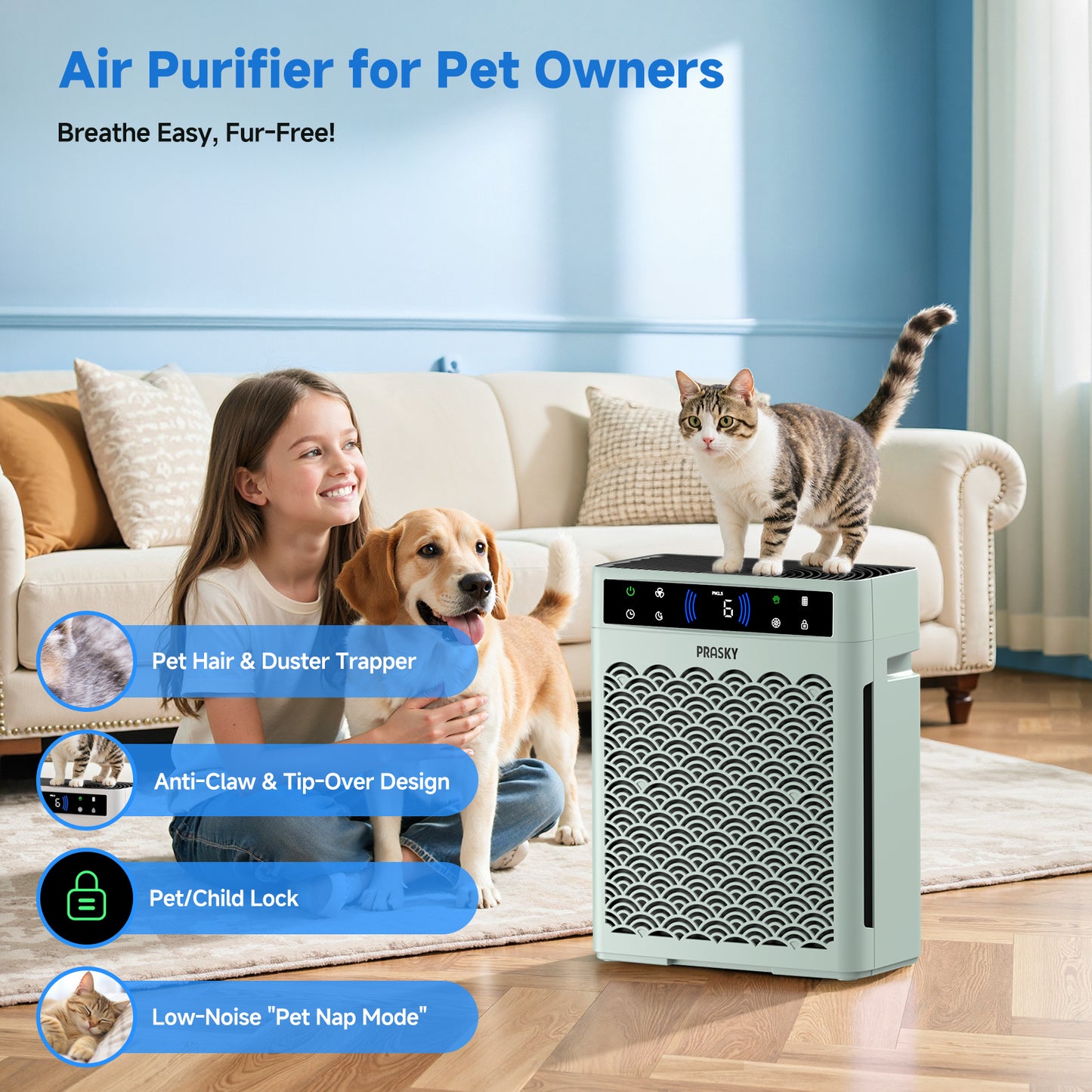 PRASKY Air Purifier for Home Large Room up to 2250 Sq ft, Remove Smoke Dust Allergies