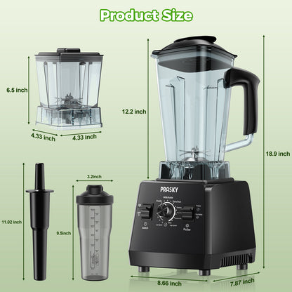 PRASKY Countertop Blender, 2-in-1 Professional Blender, 68oz Capacity 1000W 6 Speeds Blender for Kitchen with 25oz to-go Cup (Black)